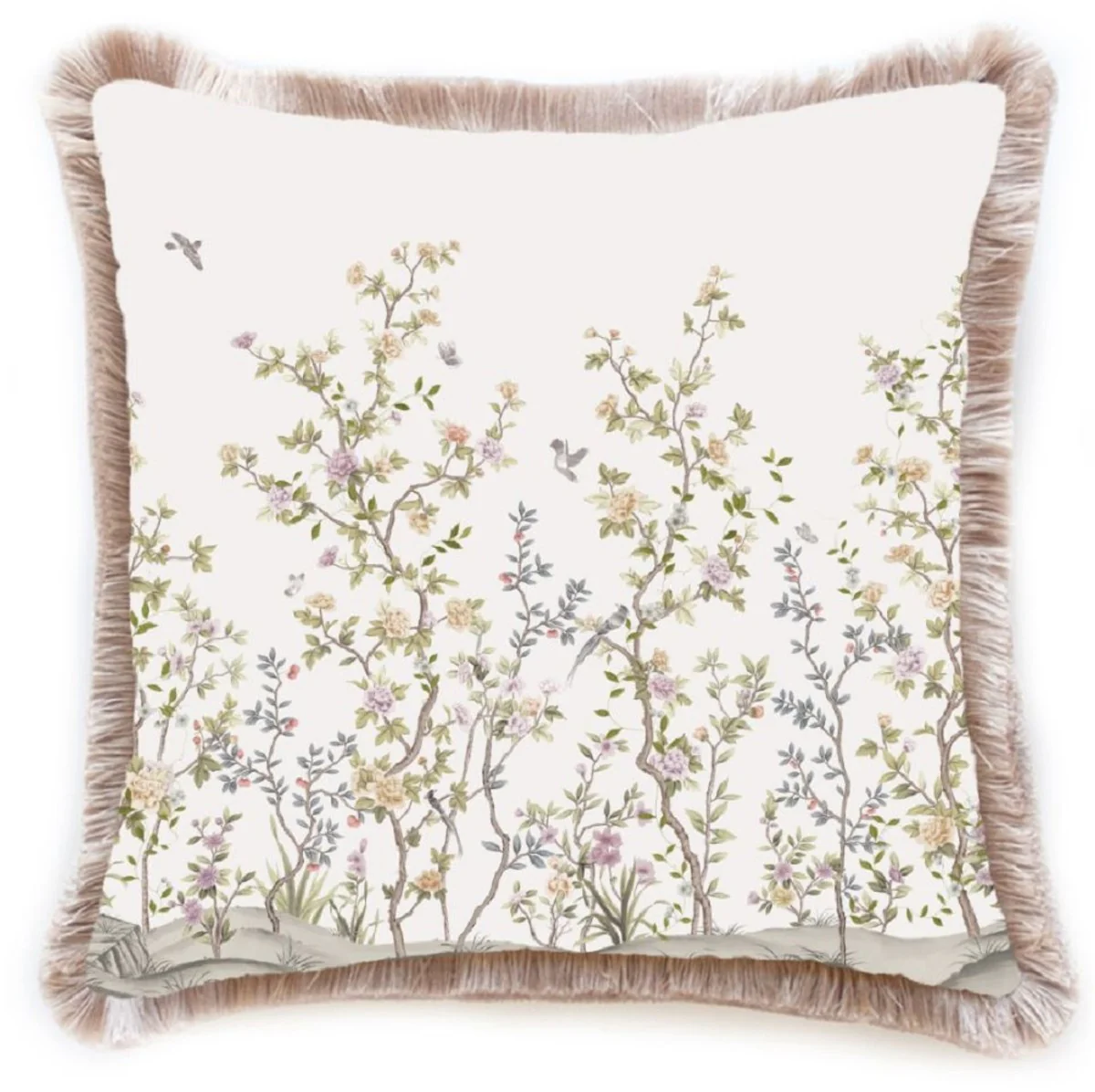 Casa Padrino cojín decorativa de lujo arbustos con flores y pájaros blanco / multicolor / marrón 45 x 45 cm - Almohada de terciopelo estampado con flecos - Accesorios decorativos de lujo