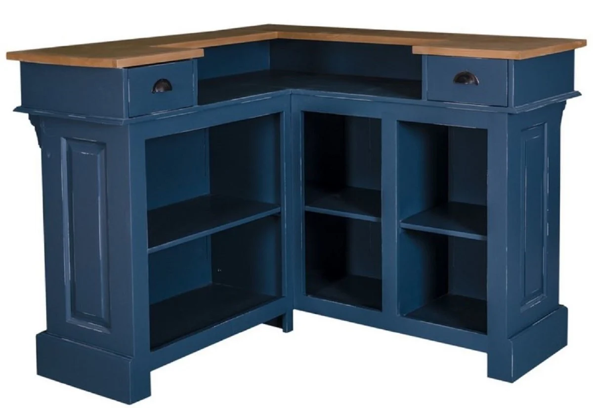 Casa Padrino barra de bar de estilo campestre azul oscuro antiguo / natural 140 x 140 x H. 107 cm - Barra de Bar con 2 Cajones - Muebles de Estilo Campestre