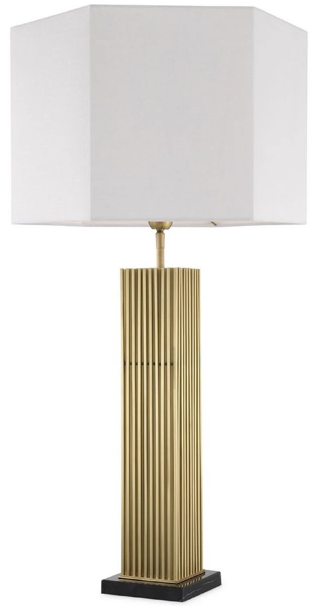 Casa Padrino lámpara de mesa de lujo latón antiguo / negro / blanco 46 x 46 x A. 87 cm - Lámpara de escritorio moderna con pantalla hexagonal - Calidad de Lujo