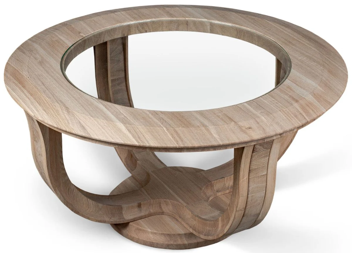 Casa Padrino mesa de centro de lujo de madera maciza natural ? 73 x A. 43 cm - Mesa de sal¨®n redonda de madera de roble con tapa de vidrio - Muebles de sal¨®n de madera maciza