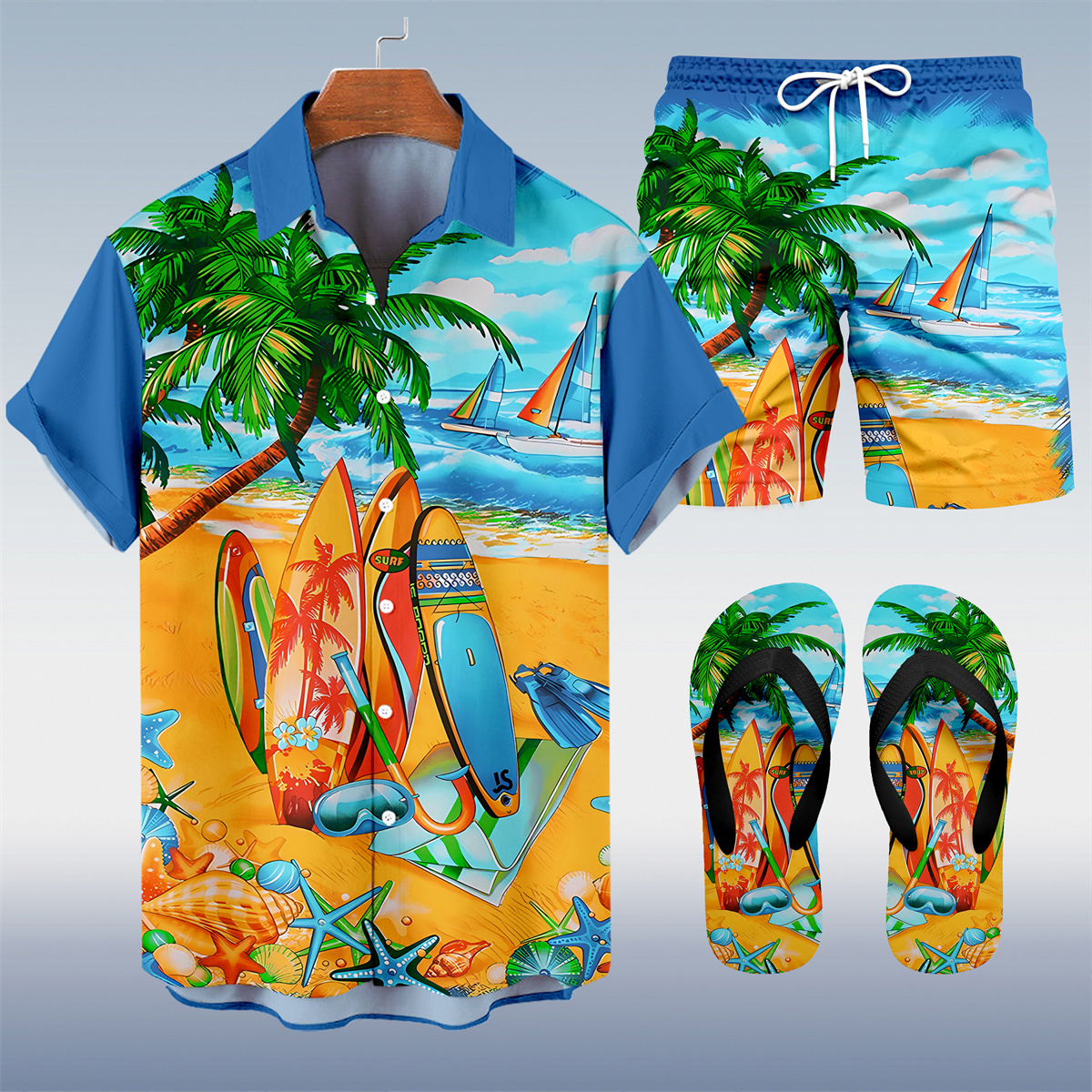 Suitmens Men's Tiki Party Hawaiian Vacation Print Three-Piece Set 021