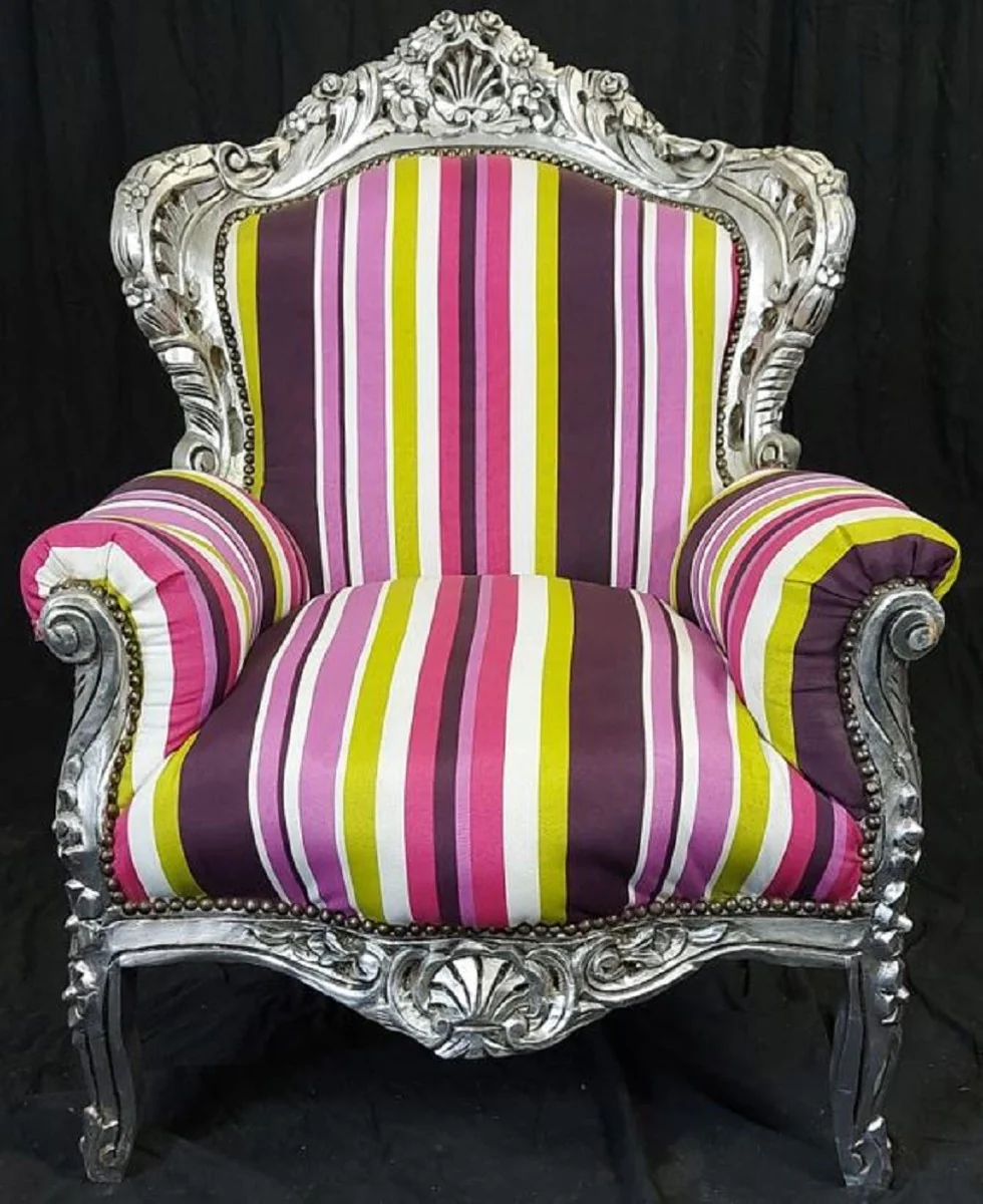 Casa Padrino sillón barroco con rayas multicolor / plata - Sillón de salón de madera maciza hecho a mano - Sillón de salón de estilo antiguo - Muebles de salón barrocos - Pieza de Exhibición!