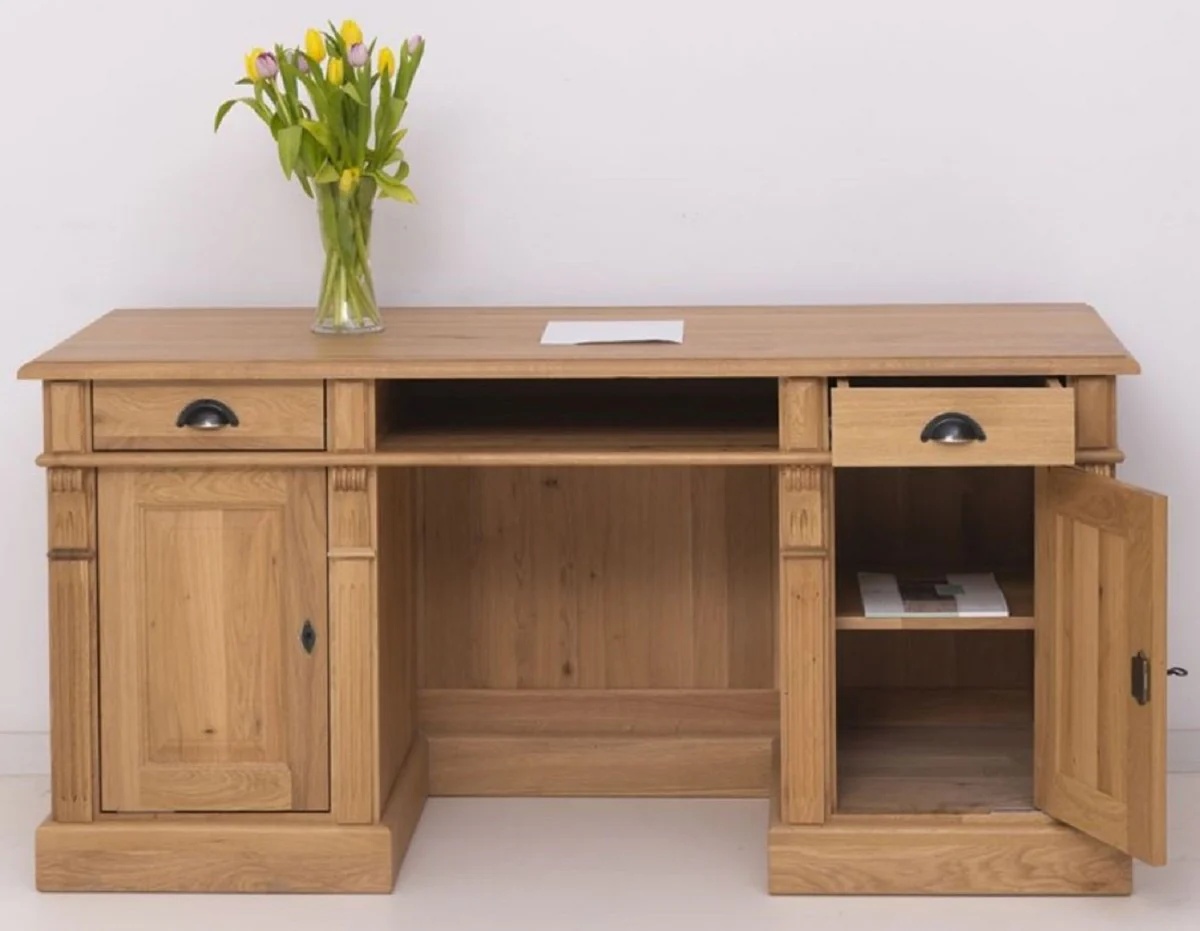 Casa Padrino escritorio estilo campestre natural 160 x 70 x A. 78 cm - Mesa de oficina de madera maciza con 2 puertas y 2 cajones - Muebles de madera maciza - Muebles de oficina estilo campestre