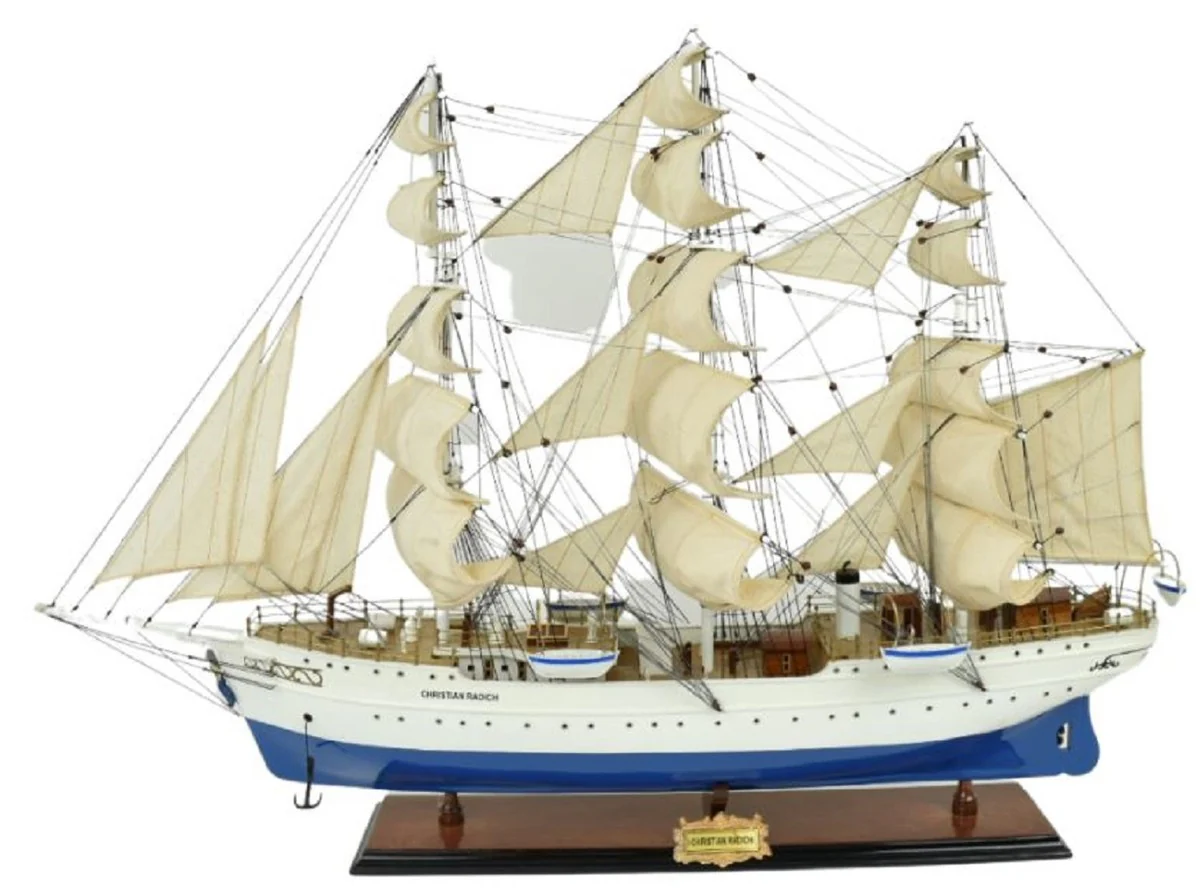 Casa Padrino velero de lujo Christian Radich blanco / azul 97 x 30 x A. 70 cm - Barco decorativo hecho a mano - Barco de madera - Modelo de barco - Accesorios decorativos de lujo