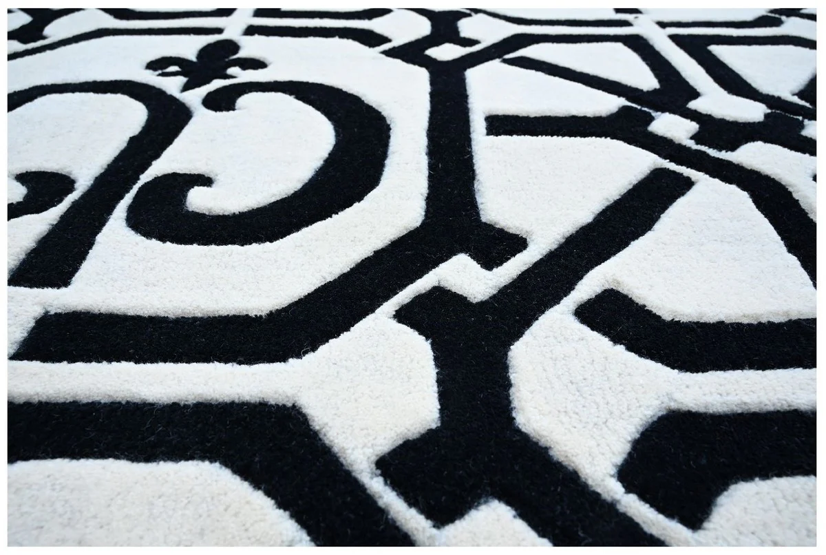 Casa Padrino Alfombra de Salón Barroco de Lujo Blanco / Negro 200 x 300 cm - Interior Barroco