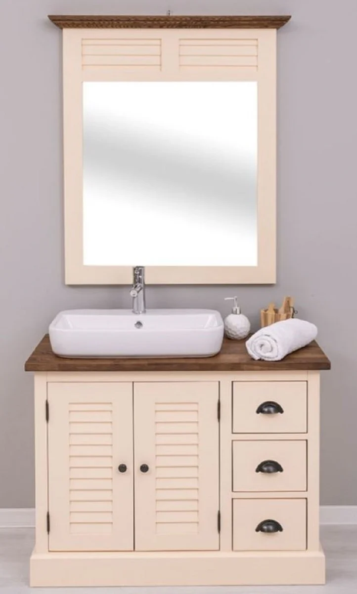 Casa Padrino conjunto de baño de estilo campestre beige / marrón oscuro - 1 Tocador con Lavabo y Grifería y 1 Espejo de Pared - Mueble de baño de estilo campestre