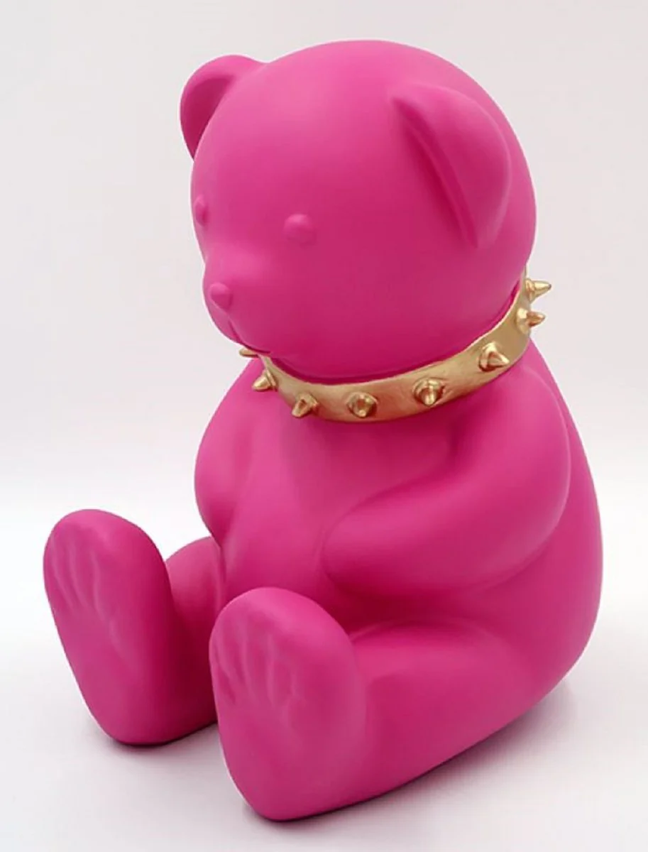 Casa Padrino figura decorativa de dise?o de lujo oso de peluche con collar rosa / oro A. 31 cm - Escultura decorativa de resina - Figura decorativa de lujo - Figura decorativa de dise?o