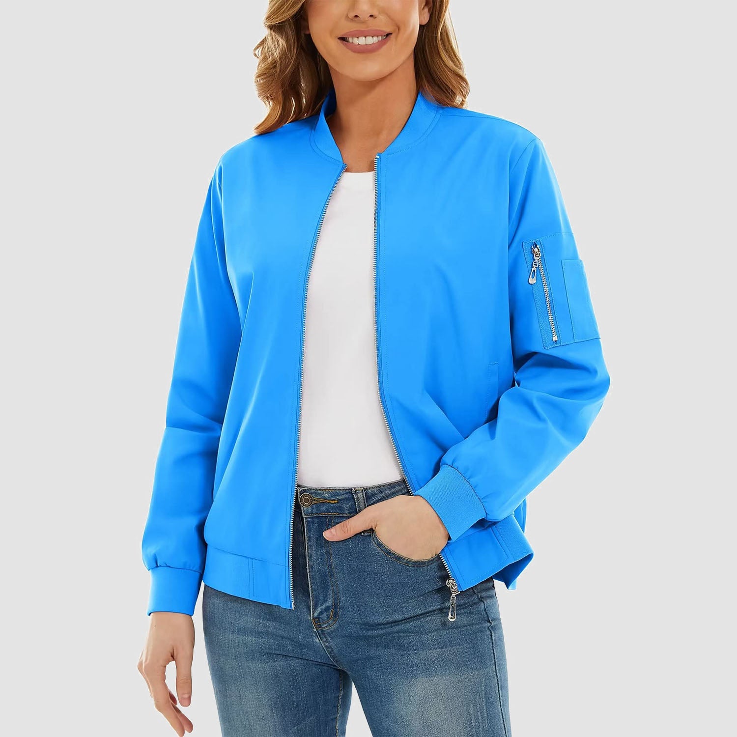 Women's Bomber Jackets Casual Jacket with 3 Pockets Spring Windbrealer Coat Fashion Outwear
