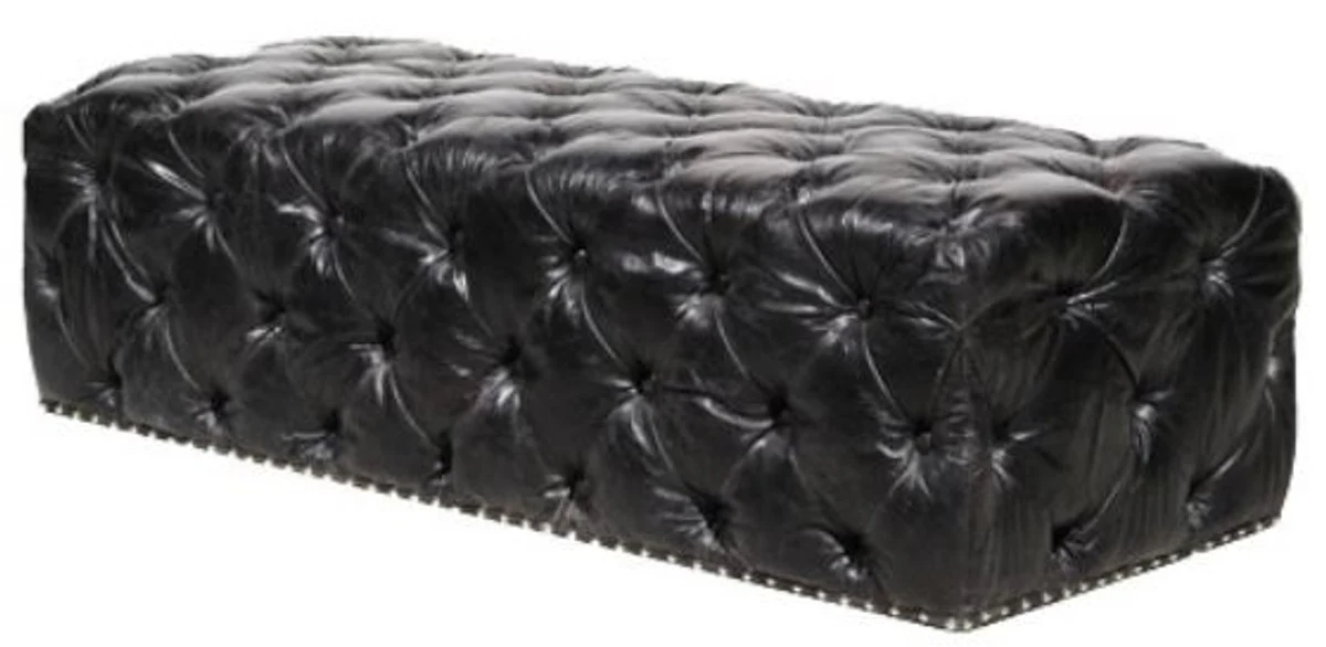 Casa Padrino Chesterfield Genuine Leather Footstool Vintage Black 140 x 60 x H. 42 cm - Luxury Quality
