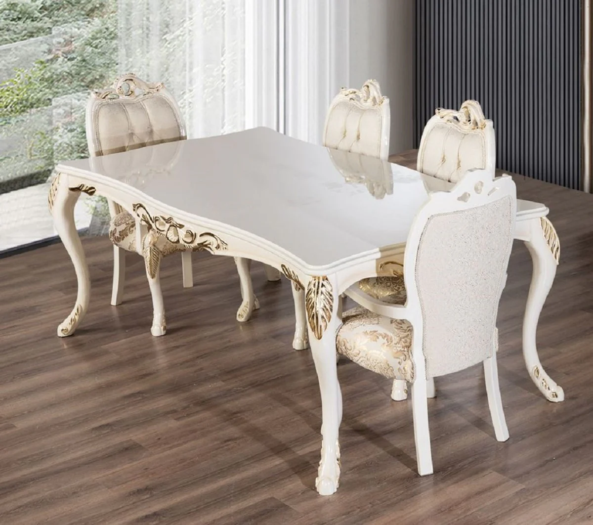 Casa Padrino conjunto de comedor barroco de lujo blanco / oro - 1 Mesa de Comedor Barroco y 6 Sillas de Comedor Barrocos - Muebles de comedor de lujo estilo barroco - Muebles barrocos