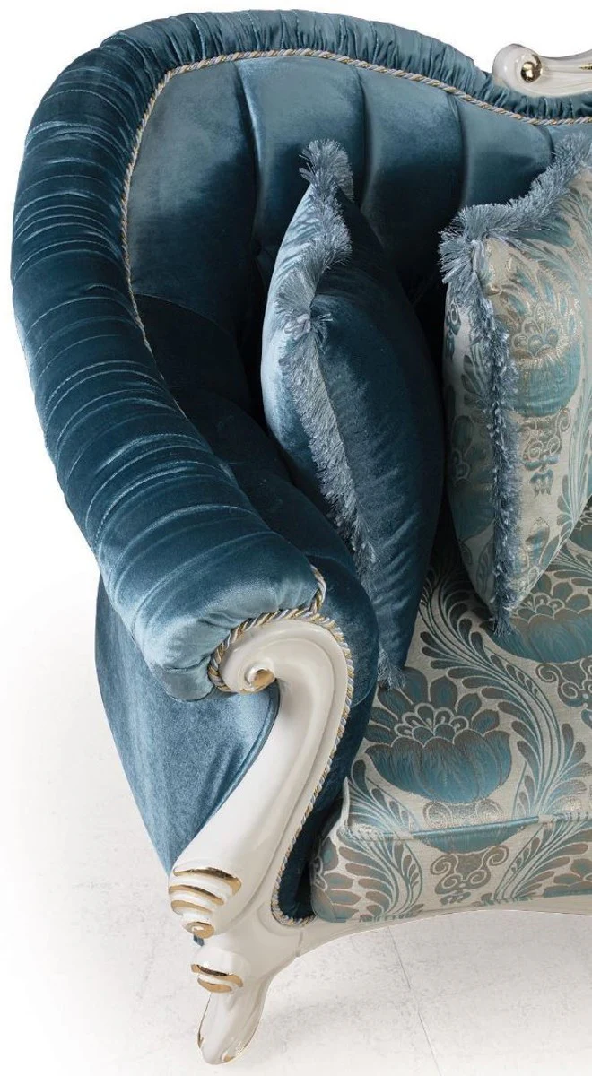 Casa Padrino sof¨¢ de sal¨®n barroco de lujo con cojines azul / blanco / oro 240 x 87 x A. 99 cm - Muebles Barrocos - Noble y Adornado