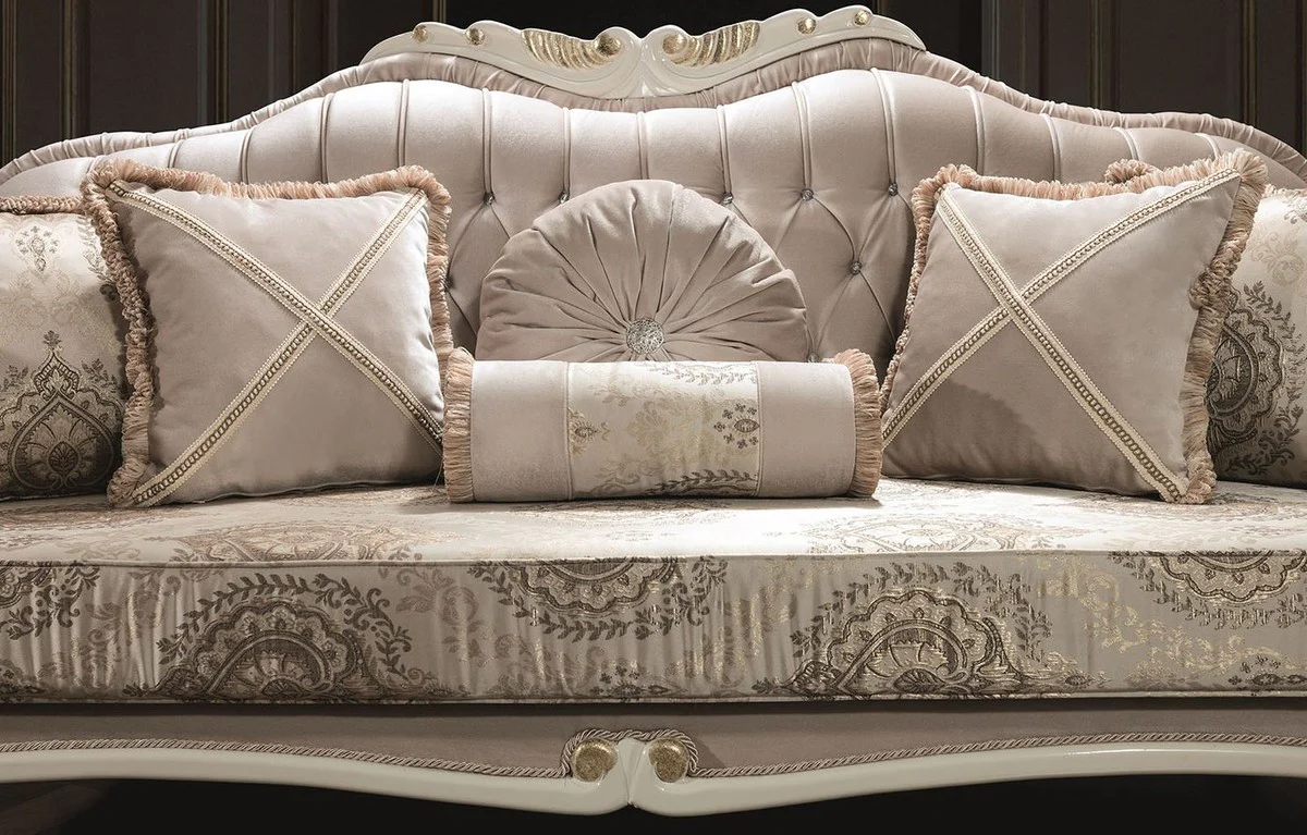 Casa Padrino sof¨¢ de sal¨®n barroco de lujo con pedrer¨ªa y almohadas decorativas gris / crema / oro 220 x 80 x A. 100 cm - Muebles Nobles de Estilo Barroco