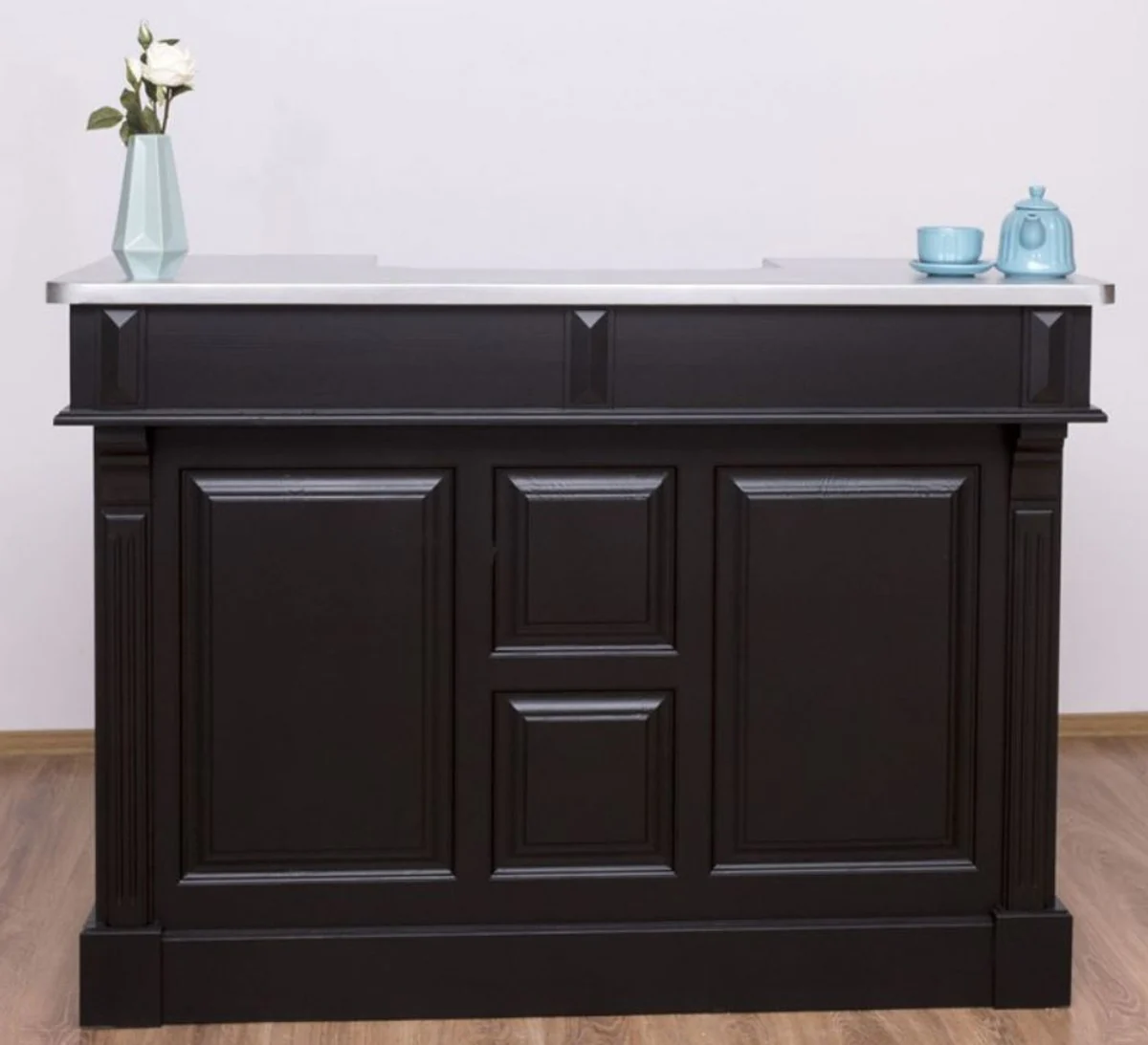 Casa Padrino barra de bar de estilo campestre negro / plata 160 x 65 x A. 107 cm - Barra de bar de madera maciza con sobre de mesa galvanizado - Muebles de bar en estilo campestre