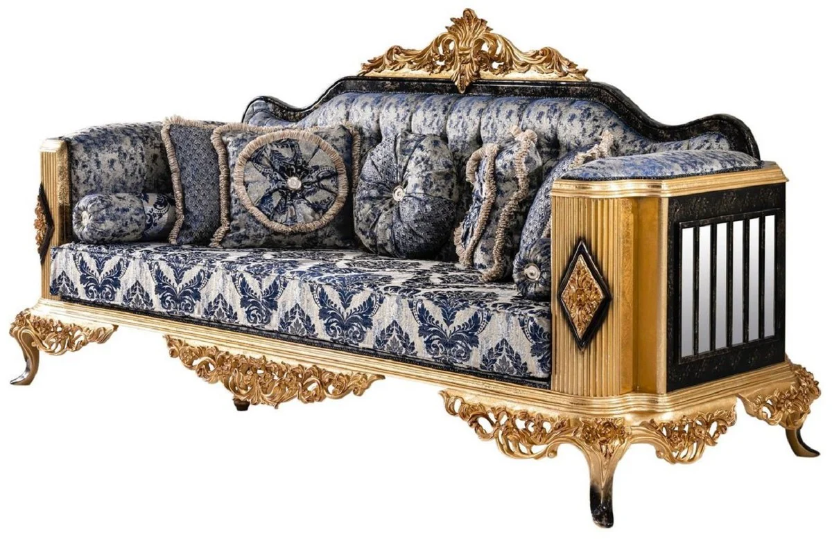 Casa Padrino sof¨¢ barroco de lujo azul / negro / oro - Magn¨ªfico sof¨¢ de sal¨®n - Muebles de sal¨®n de estilo barroco - Muebles de lujo de estilo barroco - Muebles de sal¨®n barrocos