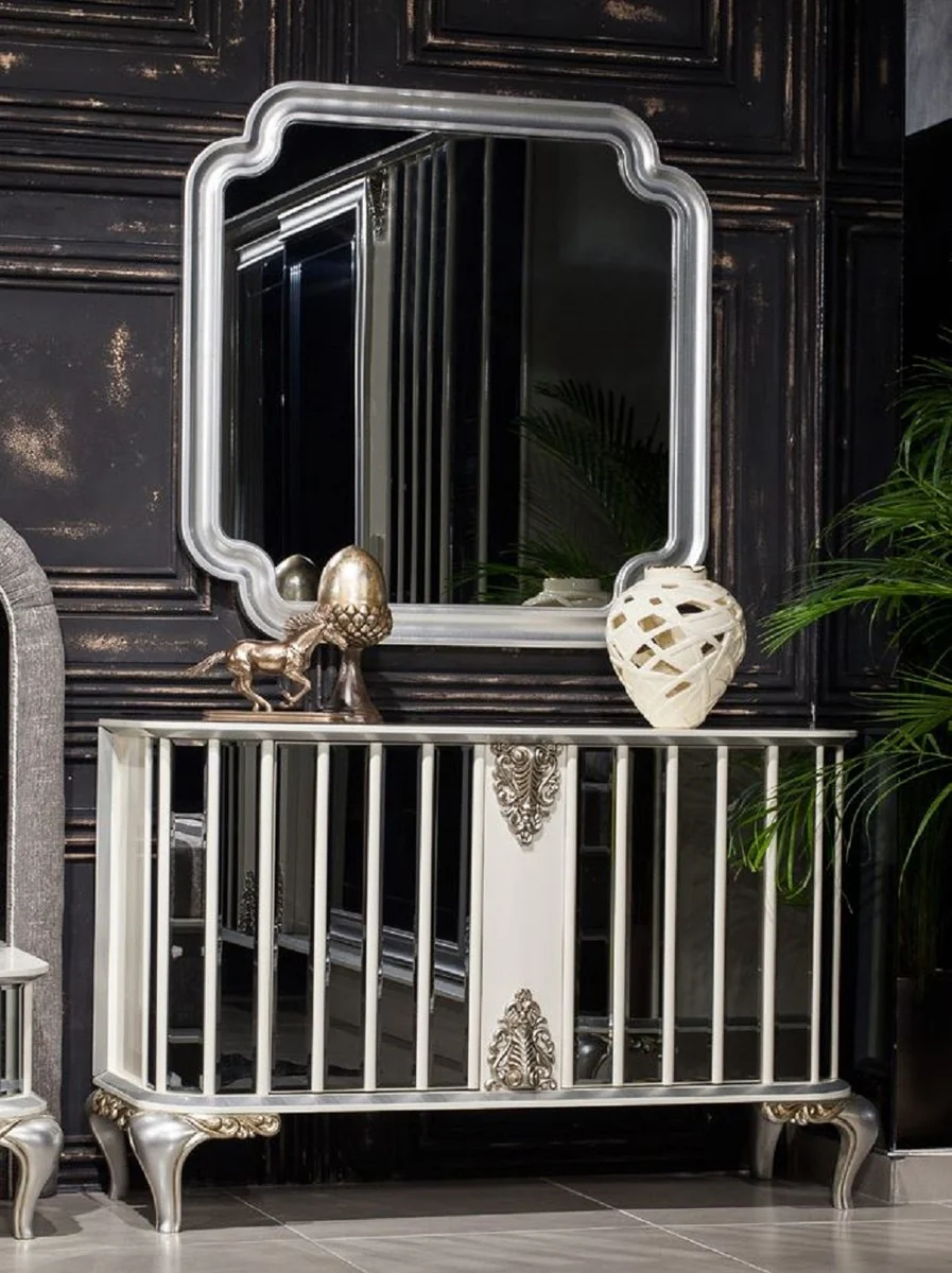 Casa Padrino conjunto de muebles barrocos de lujo aparador con espejo blanco / plata - Armario de madera maciza con espejo con elegante espejo de pared - Muebles Barrocos - Noble y Magnífico