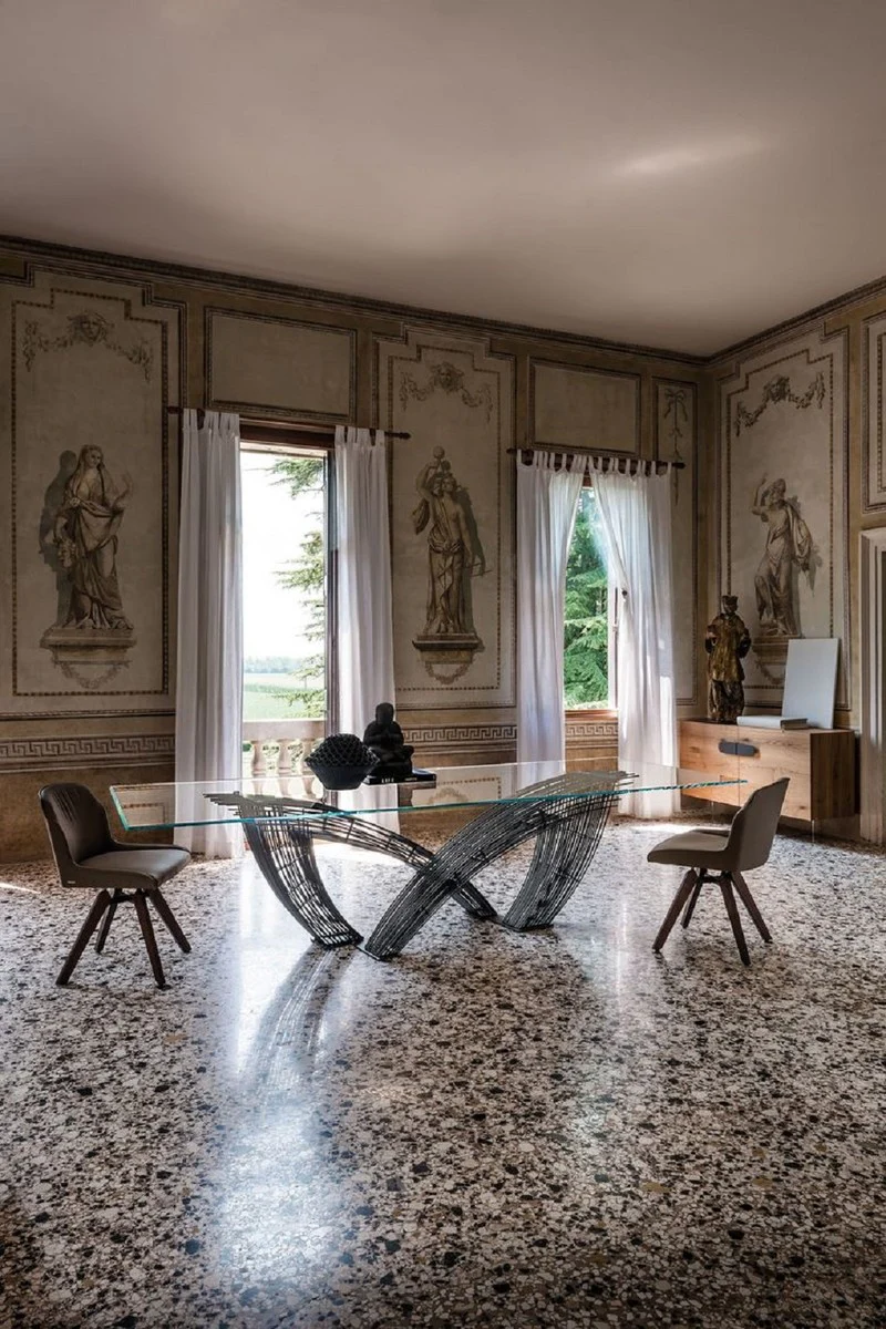 Casa Padrino Mesa de Comedor de Lujo con Tapa de Vidrio Gris - Varios Tama?os - Hecho en Italia