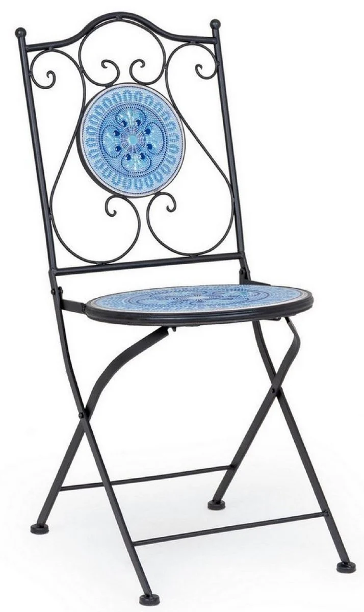 Casa Padrino conjunto de 6 sillas de jard¨ªn Art Nouveau negro / azul / blanco 39 x 47 x A. 92 cm - Sillas plegables con tapas de cer¨¢mica - Muebles de Jard¨ªn y Catering