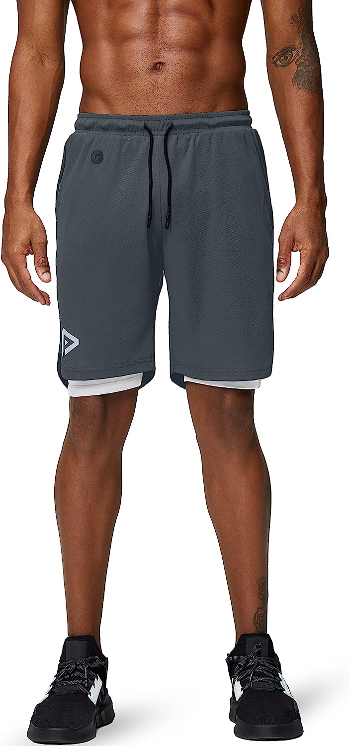 Men's 2 in 1 Running Shorts Gym Workout Quick Dry Mens Shorts with Phone Pocket