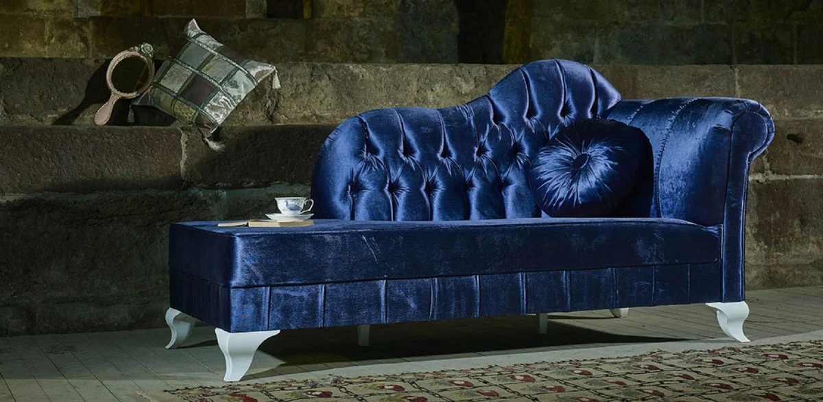 Casa Padrino chaise longue boulle barroco de lujo azul / blanco - Chaise longue de madera maciza hecha a mano con terciopelo noble y almohada decorativa - Muebles Barrocos - Noble y Espl¨¦ndido