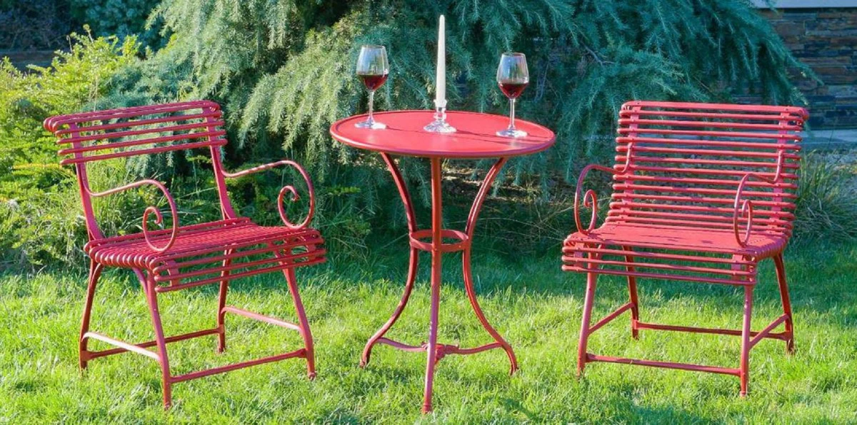 Casa Padrino conjunto de muebles de jard¨ªn Art Nouveau de hierro forjado rojo - 1 Mesa Bistr¨® Redonda de Jard¨ªn y 4 Sillas de Jard¨ªn con Reposabrazos - Muebles de Jard¨ªn Barrocos y Art Nouveau