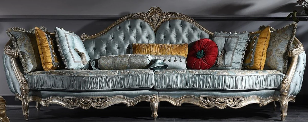 Casa Padrino sof¨¢ barroco de lujo turquesa / plata / oro 310 x 99 x H. 113 cm - Suntuoso Sof¨¢ de Sala de Estar Chesterfield en Estilo Barroco