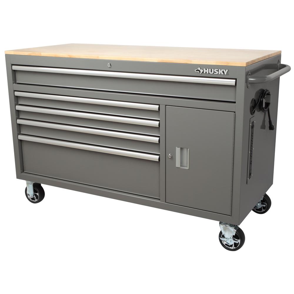 56 IN. W 5-DRAWER 1-DOOR, DEEP TOOL CHEST MOBILE WORKBENCH IN GLOSS GRAY WITH HARDWOOD TOP