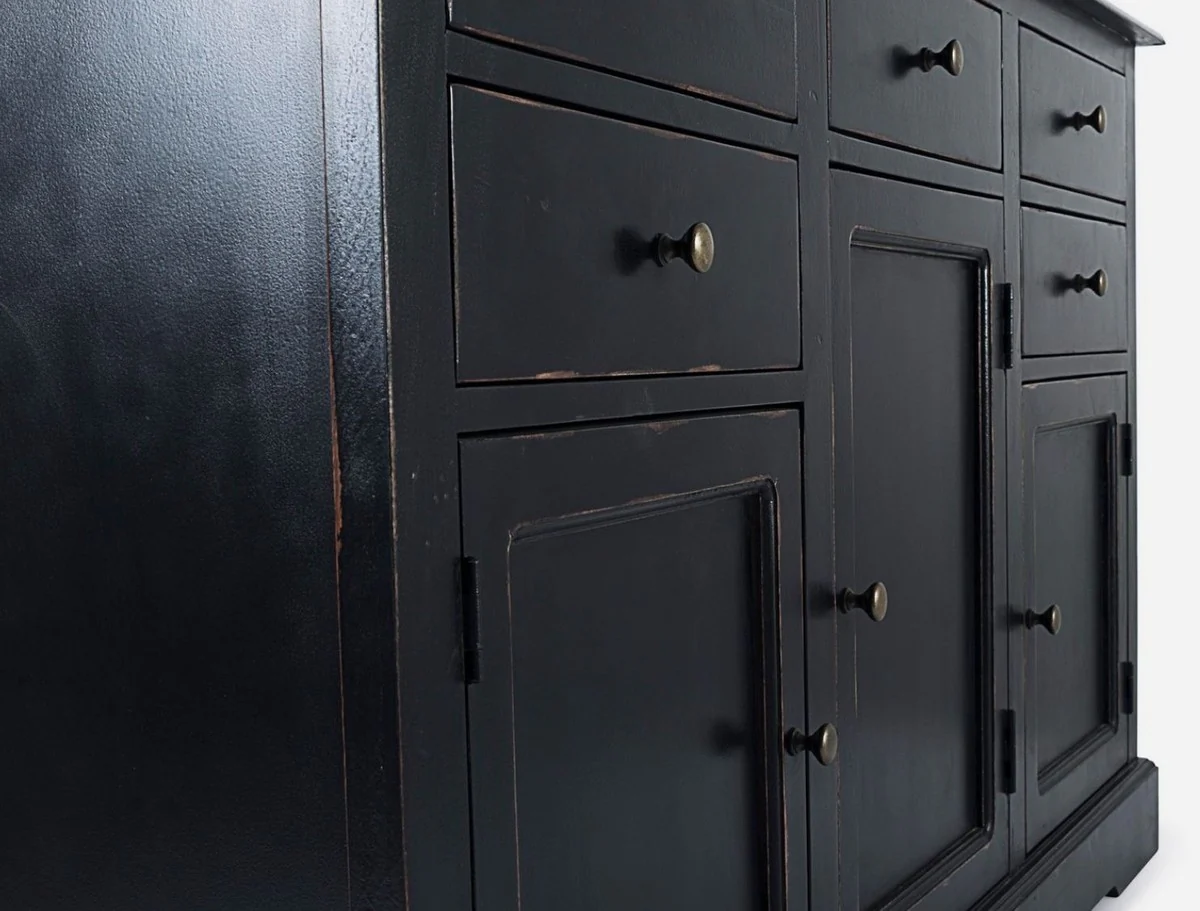 Casa Padrino aparador de estilo campestre negro antiguo 145 x 40 x A. 85 cm - Armario de estilo campestre con 3 puertas y 5 cajones - Muebles de estilo campestre - Interiores de estilo campestre