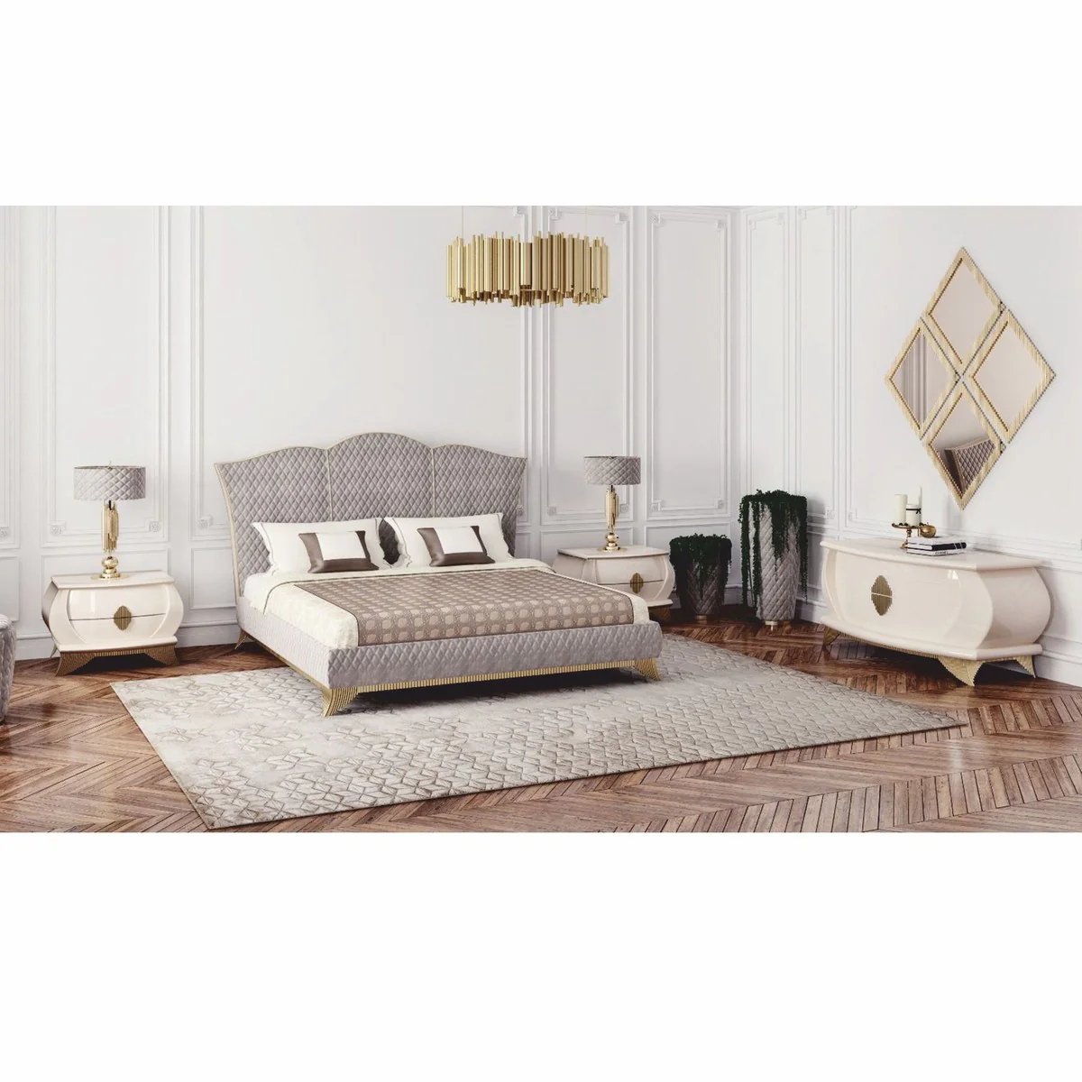 Casa Padrino cama doble Art Deco de lujo gris / oro - Muebles para dormitorios y hoteles