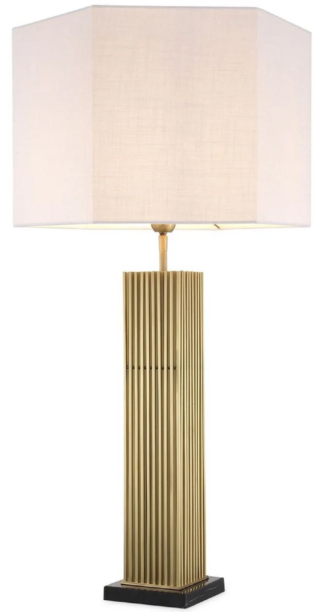 Casa Padrino lámpara de mesa de lujo latón antiguo / negro / blanco 46 x 46 x A. 87 cm - Lámpara de escritorio moderna con pantalla hexagonal - Calidad de Lujo