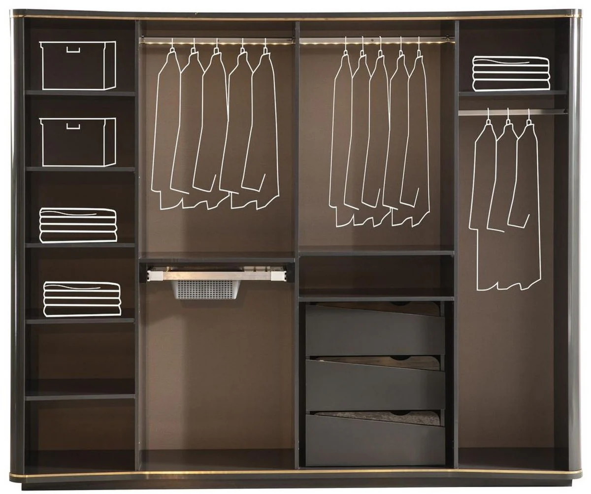 Casa Padrino armario de dormitorio Art Deco de lujo gris / oro 265 x 67 x A. 220 cm - Armario noble de madera maciza con 6 puertas con espejo - Muebles de dormitorio - Calidad de Lujo