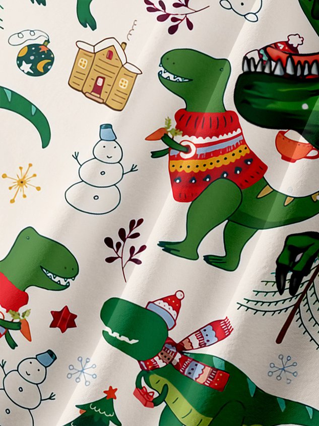 Men's Christmas Dinosaur Print Short Sleeve Hawaiian Shirt with Chest Pocket