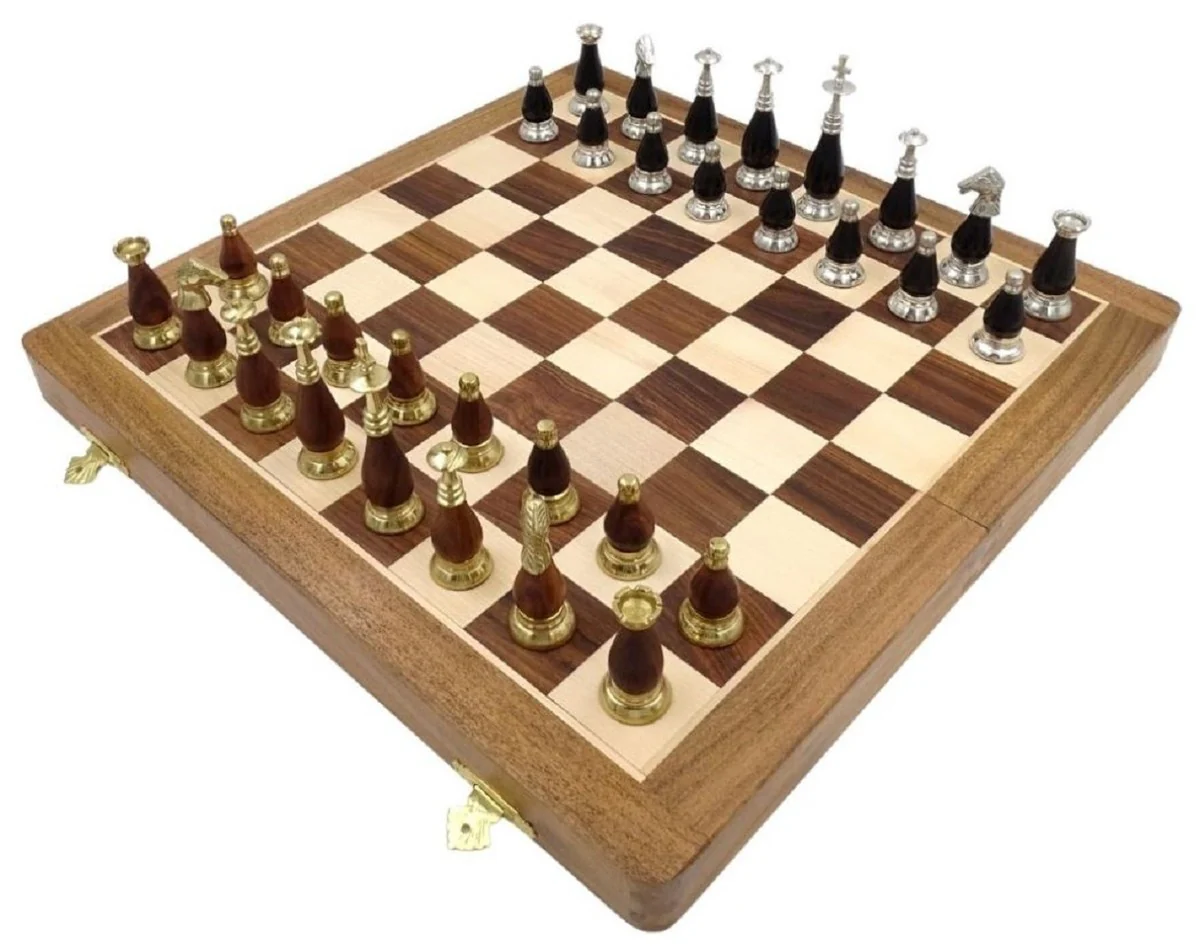 Casa Padrino conjunto de ajedrez de lujo marr¨®n / beige / plata / oro 40 x 40 cm - Ajedrez de madera plegable - Tablero de ajedrez de madera con piezas de ajedrez de lat¨®n - Accesorios de lujo