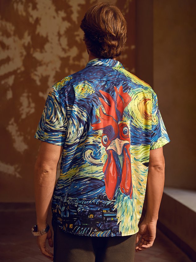 Rooster Chest Pocket Short Sleeve Casual Shirt