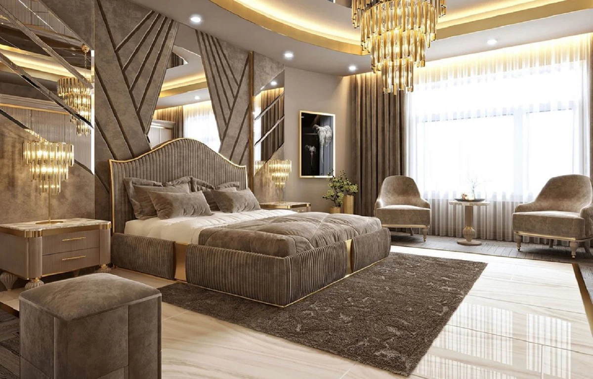 Casa Padrino Conjunto de Dormitorio Art Deco de Lujo Gris / Blanco / Oro - 1 Cama Doble con Cabecero y 2 Mesas de Noche - Muebles de Dormitorio y de Hotel Art Deco - Colección de Lujo