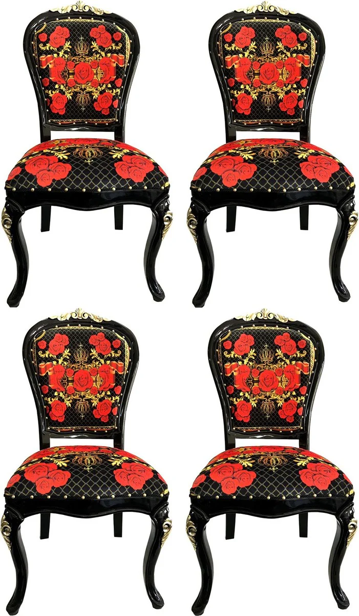Pomp??s by Casa Padrino Sillas de Comedor Barrocas de Lujo Rosas Negro / Rojo / Oro - Conjunto de Comedor - 4 Sillas de Estilo Barroco Pomp??s Dise?adas por Harald Gl??ckler
