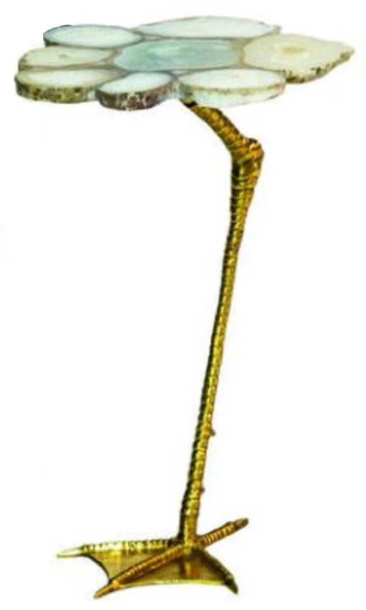 Casa Padrino mesa auxiliar de lujo blanco / oro 30 x 39,5 x A. 41,5 cm - Mesa moderna con tablero de piedra preciosa de ¨¢gata y patas de metal en dise?o de pie de pato - Muebles de sal¨®n de lujo