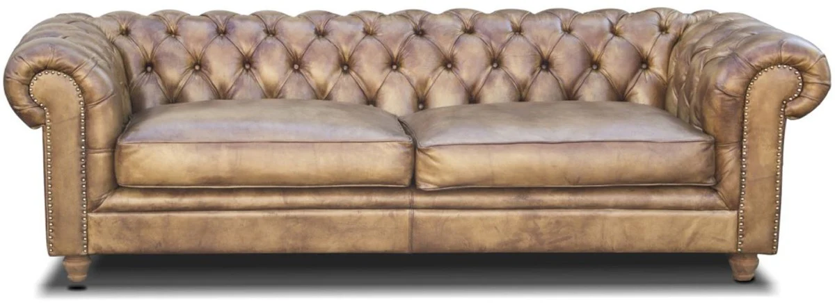 Casa Padrino sof¨¢ de cuero Chesterfield de lujo marr¨®n claro vintage 240 x 100 x A. 80 cm - Sof¨¢ de sal¨®n de cuero genuino - Muebles de sal¨®n - Muebles Chesterfield - Muebles de lujo