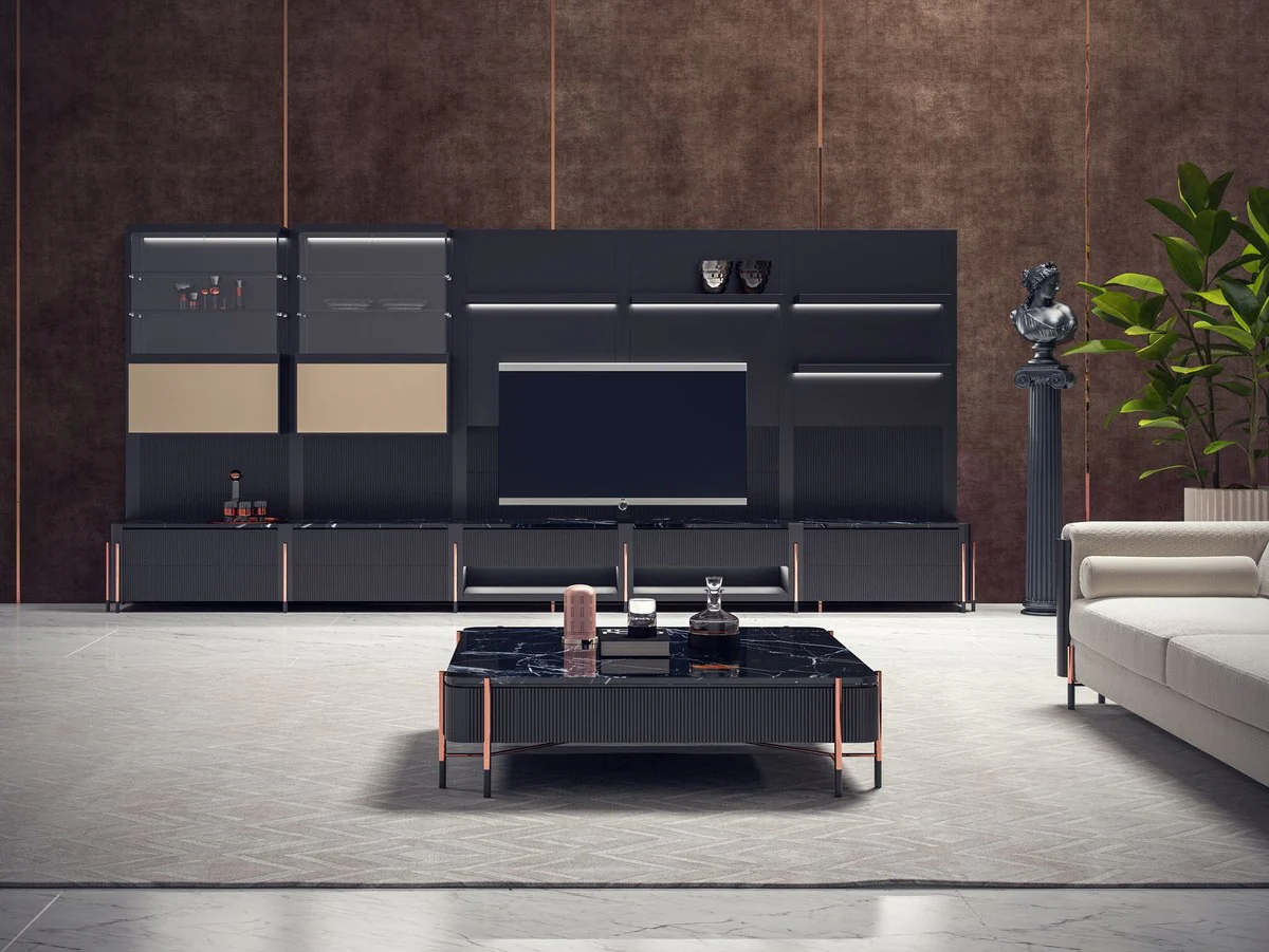 Casa Padrino mesa de centro de lujo negro / negro mate / cobre 124 x 124 x A. 35 cm - Mesa de sal¨®n cuadrada con tapa de m¨¢rmol - Muebles de sal¨®n - Muebles de hotel - Muebles de lujo