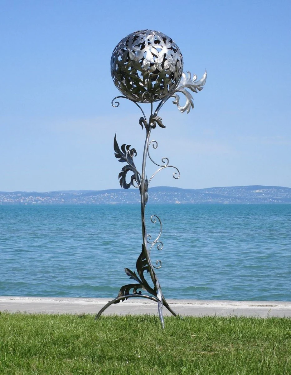 Casa Padrino escultura de jardín barroco de acero inoxidable columna con bola plata 85 x 82 x A. 200 cm - Decoración de jardín hecha a mano resistente a la intemperie