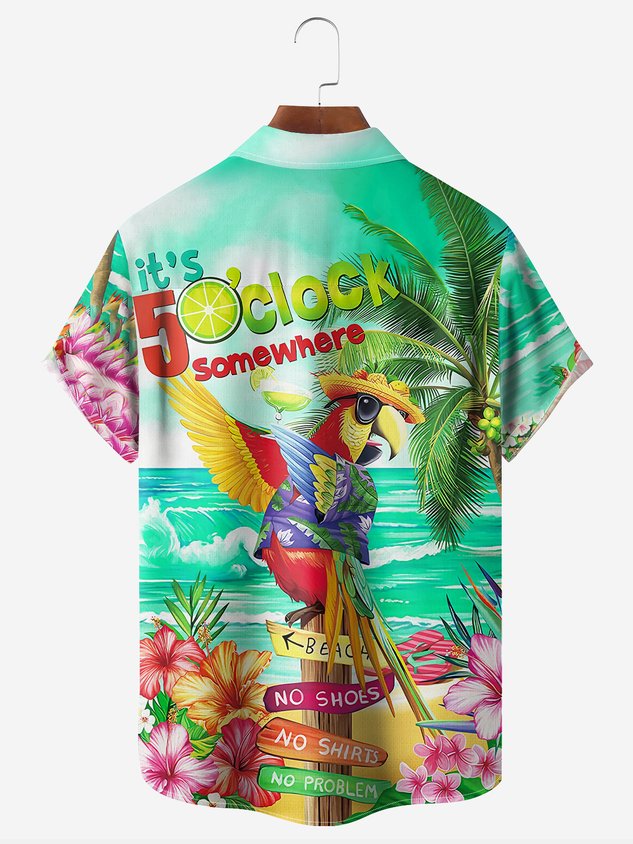 It's 5 O'Clock Somewhere Parrot Chest Pocket Short Sleeve Hawaiian Shirt