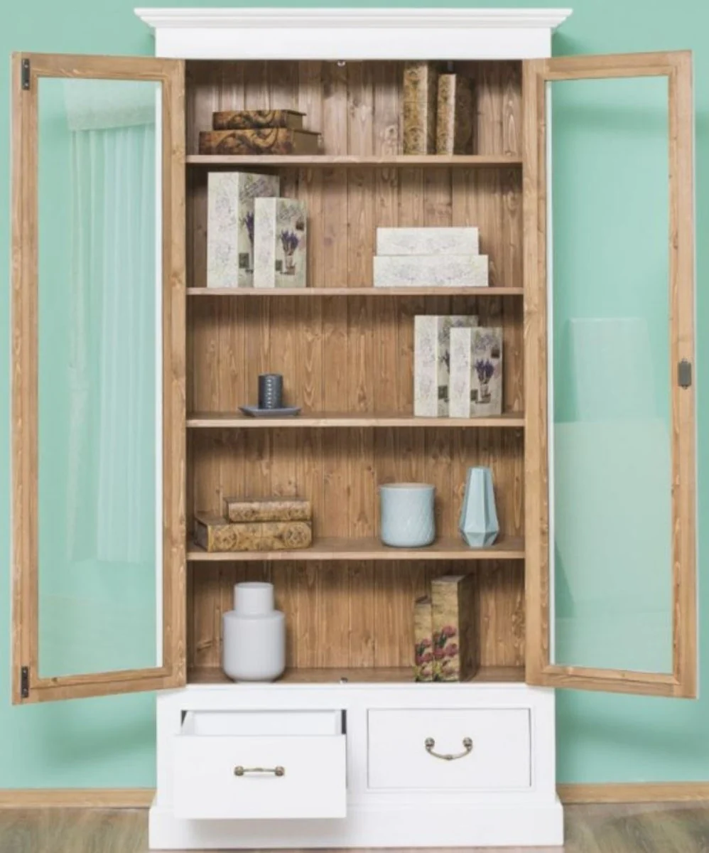Casa Padrino armario de libros de estilo campestre blanco / marr¨®n 109 x 39 x A. 210 cm - Armario de sal¨®n con 2 puertas de vidrio y 2 cajones - Muebles de Estilo Campestre