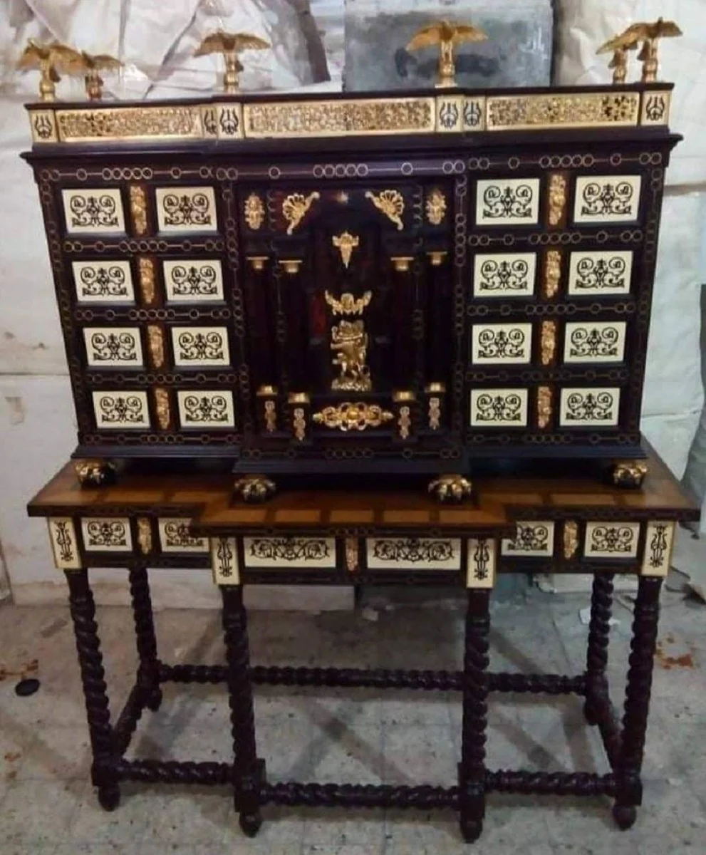 Casa Padrino secreter barroco de lujo marr¨®n oscuro / marr¨®n marqueter¨ªa / negro / blanco / oro - Secreter de estilo antiguo con puertas y cajones - Muebles de oficina barrocos - Noble y Magn¨ªfico