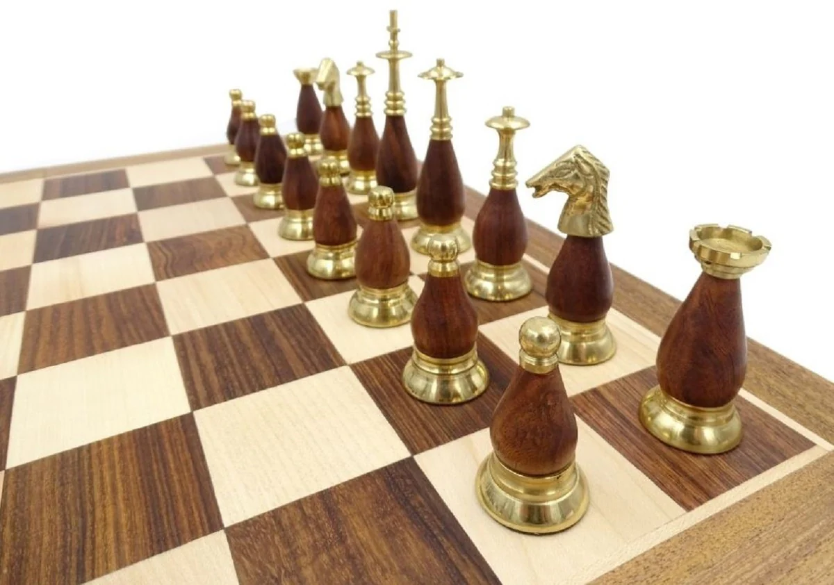 Casa Padrino conjunto de ajedrez de lujo marrón / beige / plata / oro 40 x 40 cm - Ajedrez de madera plegable - Tablero de ajedrez de madera con piezas de ajedrez de latón - Accesorios de lujo