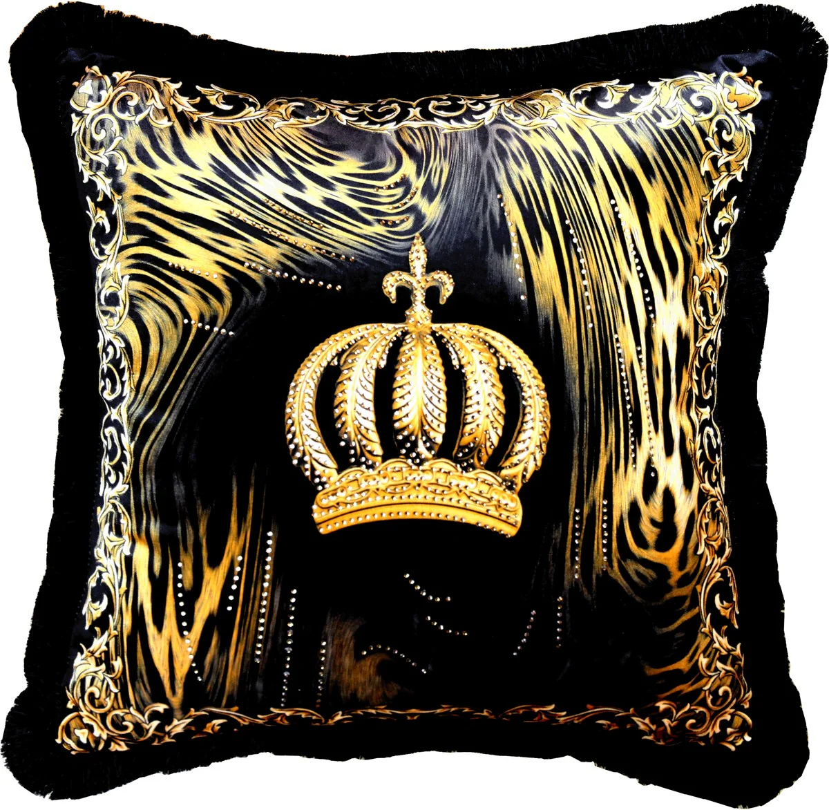 Harald Gl??ckler Almohada Decorativa de Lujo Pomp??s by Casa Padrino Corona y llamas con Piedras de Diamante de Imitaci¨®n Negro / Oro - Tejido de Terciopelo M¨¢s Fino - Gl??ckler Almohada