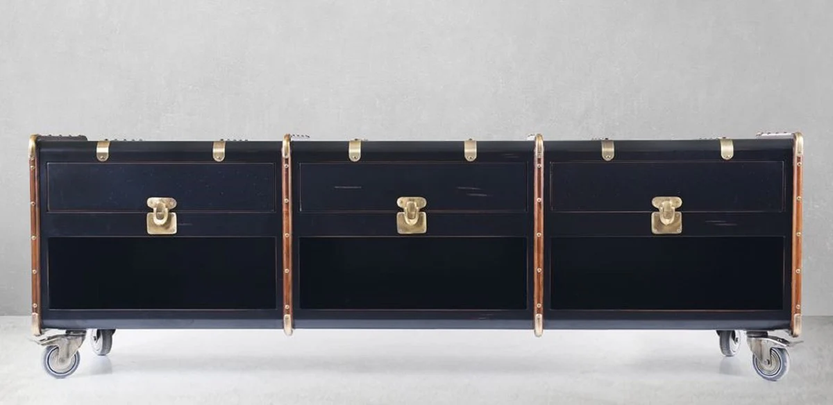 Casa Padrino armario TV de lujo en ¨®ptica maleta negro / marr¨®n / lat¨®n 201 x 48 x A. 65 cm - Armario maleta de madera maciza con ruedas - Mueble de sal¨®n - Muebles de lujo en ¨®ptica maleta