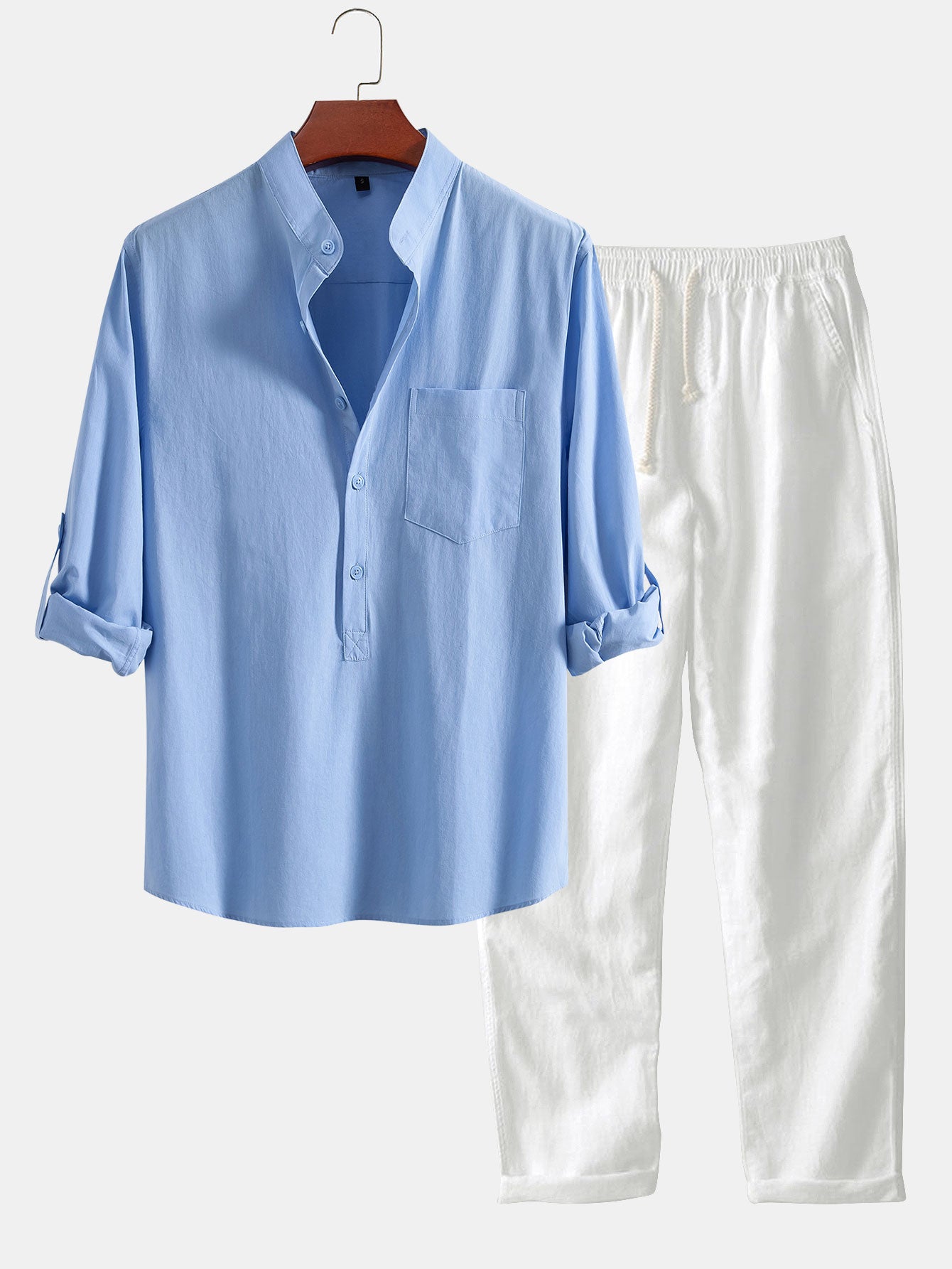 Long Sleeve Linen Look Henley Collar Shirt & Straight Leg Linen Pants