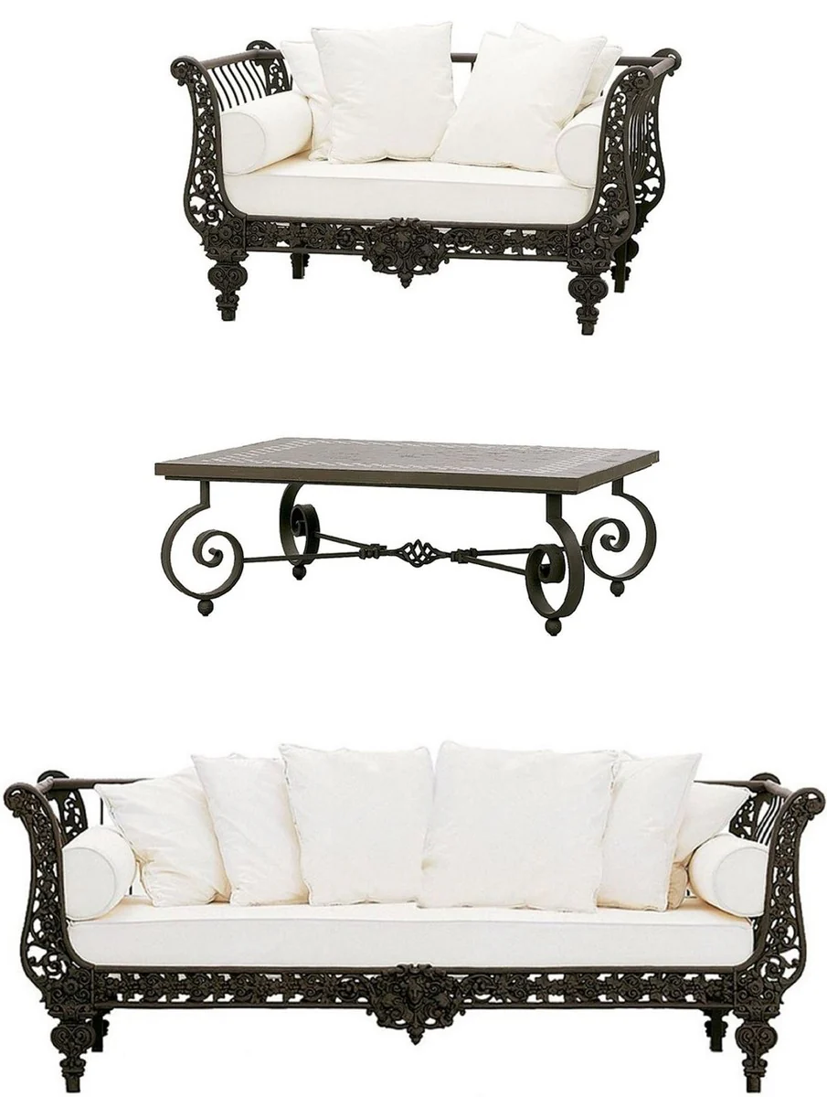 Casa Padrino Conjunto de Muebles de Hierro Forjado Barroco de Lujo Marr¨®n Oscuro / Blanco - 1 Sof¨¢ & 1 Sill¨®n & 1 Mesa de Centro - Muebles de Sal¨®n - Muebles Jard¨ªn - Muebles Barrocos de Lujo