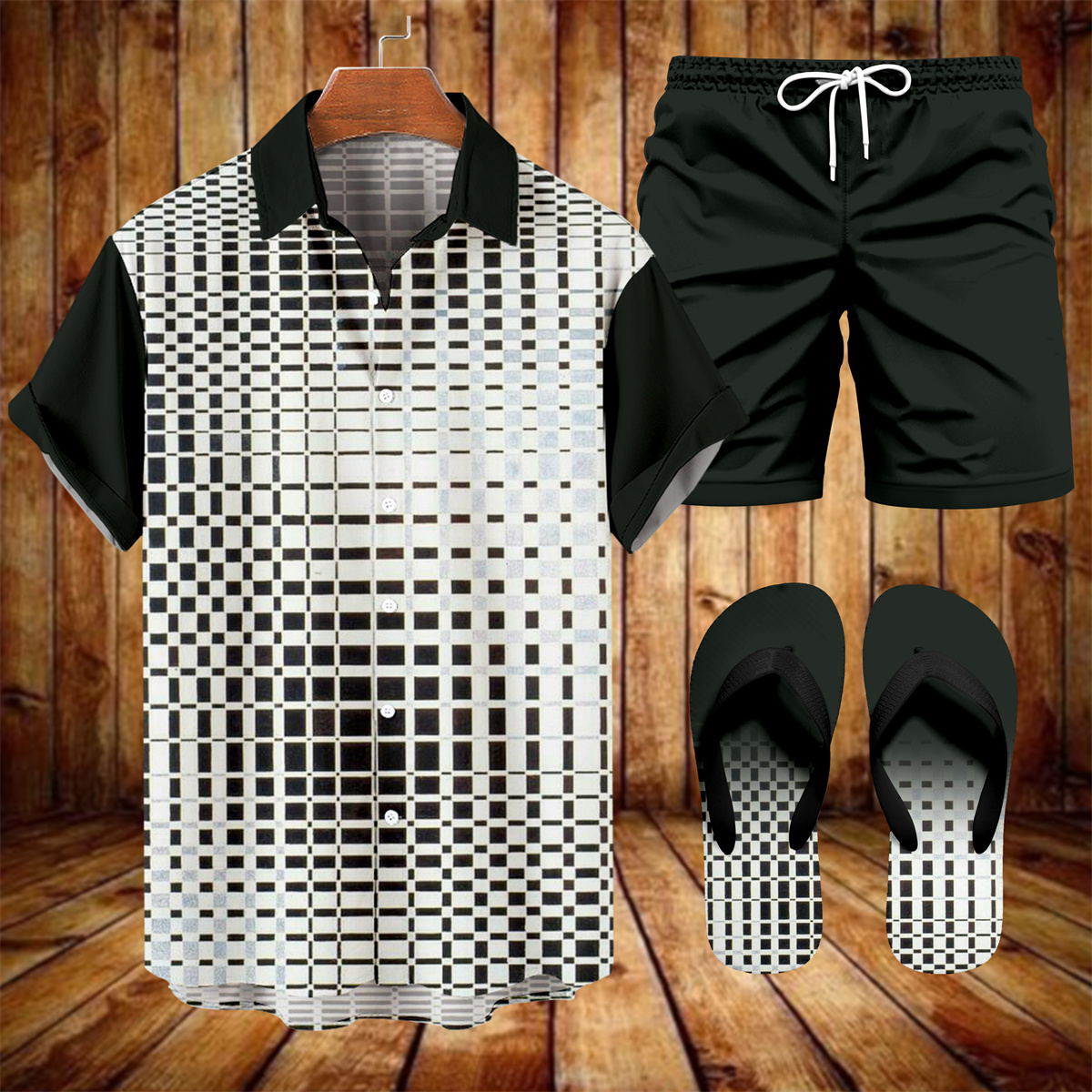 Suitmens Men's Hawaiian Bowling Print Shirt Three-Piece Set 050