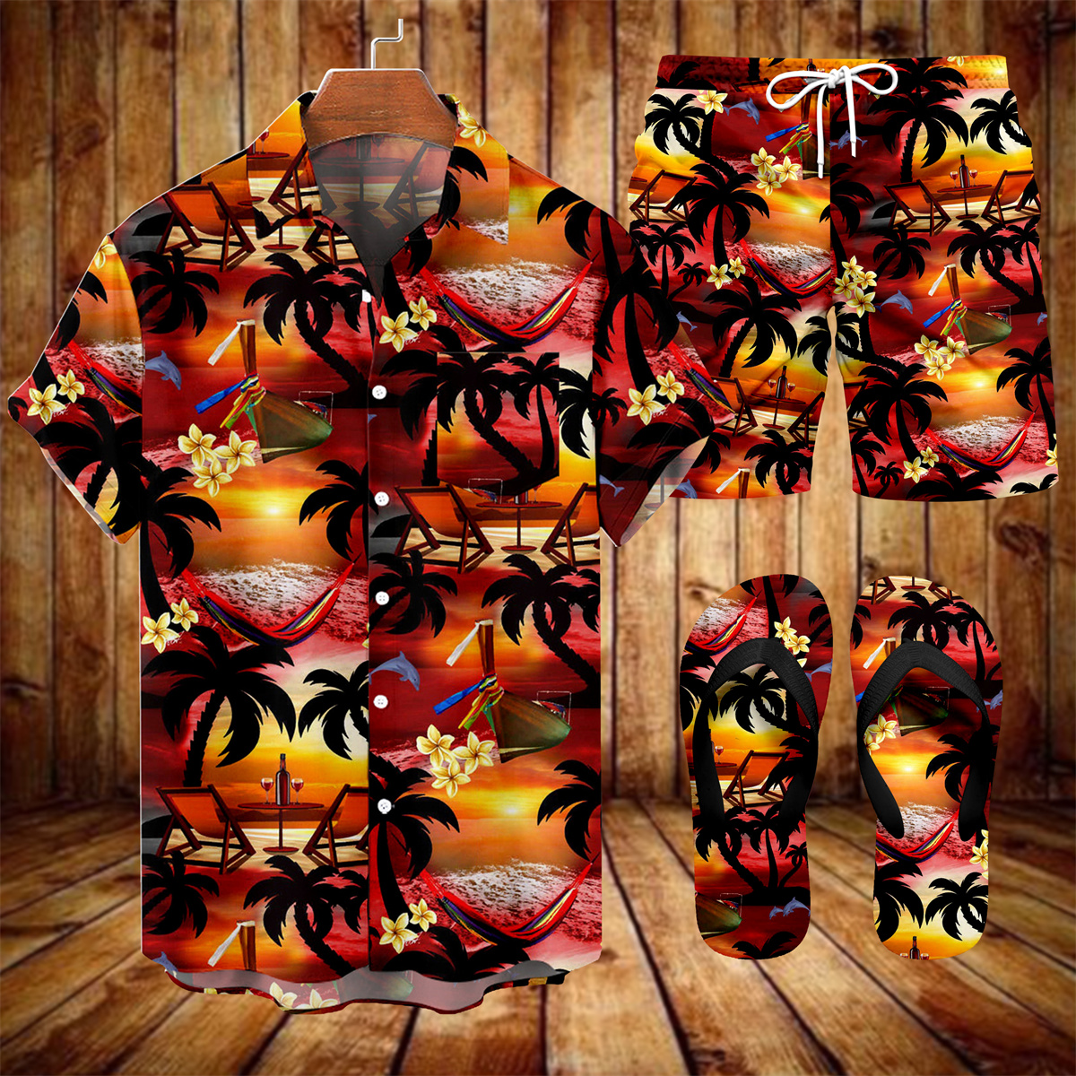 Suitmens Men's Men's Tiki Style Hawaiian Vacation Print Three-Piece Set 035