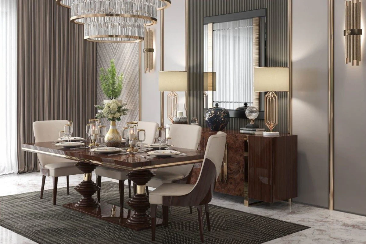 Casa Padrino conjunto de sillas de comedor Art Deco de lujo beige / marr¨®n oscuro brillante - Conjunto de 6 sillas de cocina - Muebles de Comedor Art Deco Nobles